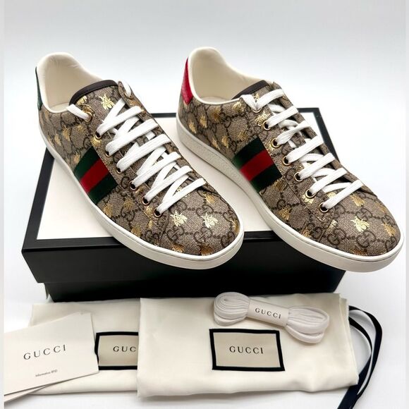 Gucci Ace Beige GG Monogram Bee Canvas Lace Up Low Top Sneaker EU 38.5 US 8.5 - Picture 1 of 11